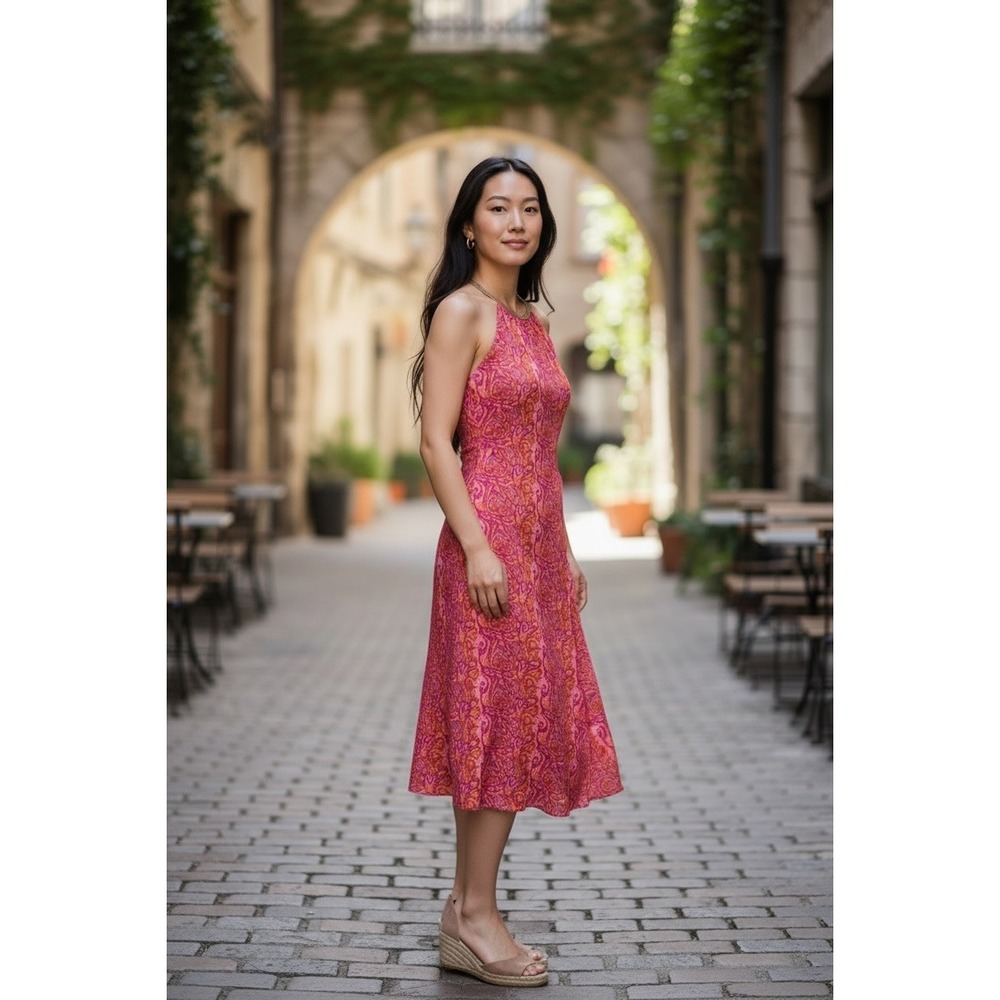 Charming Charlie Pink Orange Paisley Halter Midi Dress Gold Braided Trim‎ Small